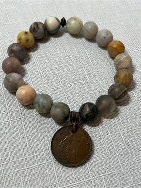 Multicolor Natural Stone Beaded Bracelet with Antique Coin Charm. Stretch